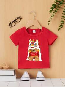 男寶寶過年卡通圖案短袖上衣適合夏季 - 紅色 - 查看 3
