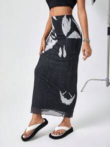 SHEIN Essnce Mesh Print Long Skirt - Black - View 4