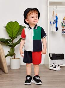 SHEIN Conjunto De Pantalones Cortos Informales Y Jersey Con Cuello Plano Y Bloques De Color Para Bebé Niño - Multicolor - Ver 5