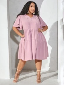 SHEIN CURVE+ 大尺碼女用荷葉邊袖娃娃裝連身裙 - 藕粉色 - 查看 7