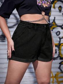 SHEIN ICON Pantalones cortos de mezclilla con dobladillo enrollado talla grande para mujer