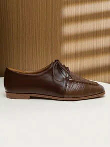 女士法式通勤皮鞋，新春秋款式，尖頭、刺繡鏈條、粗跟、方頭、小尺碼真皮鞋 - 棕色 - 查看 7