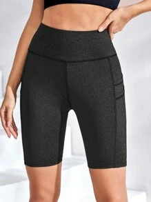 SHEIN Sports 女士运动短裤带口袋骑行短裤氨纶短裤 - 黑色 - 查看 5