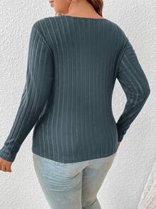 SHEIN Frenchy Plus Size Women'S Solid Color Ribbed Long Sleeve T-Shirt With Tie Detail - Dusty Blue - View 2