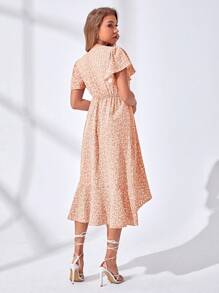 SHEIN VCAY Vestido Cruzado Anudado Con Mangas Con Volantes Y Estampado Floral - Amarillo - Ver 2