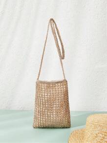 SHEIN VCAY Bolsa De Praia De Verão Trançada E Vazada, Bolsa De Palha Trançada, Bolsa De Tecido Trançado, Perfeita Para Viagem De Verão, Ao Ar Livre E Férias