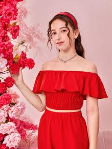 青少女實色露肩短上衣和實色長褲套裝 - 紅色 - 查看 5