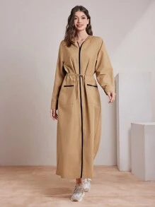 Mulvari Women's Drawstring Waist Zipper Front Hooded Dress - Coffee Brown - View 3