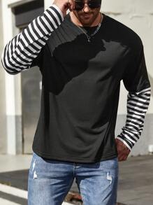 SHEIN Manfinity Homme Men's Plus Size Striped Patchwork Long Sleeve T-Shirt - Black - View 3