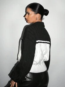 SHEIN EZwear Color-Blocked Woolen Cardigan With Turn-Down Collar - Black and White - View 2