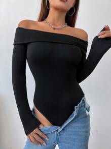 Flirla Plain Foldover Off Shoulder Bodysuit Fall Cloth For Women - Black - View 4