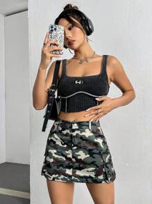 SHEIN EZwear 女式迷彩印花风格超短裙，带口袋 - 彩色 - 查看 5