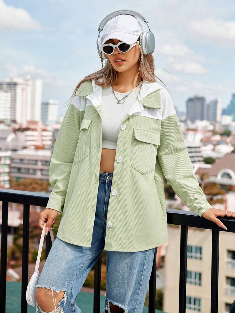 Color Block Hooded Corduroy Jacket Fall Cloth For Women