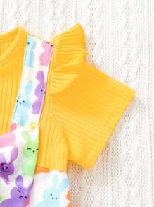 SHEIN 2入組寬鬆可愛的復活節風格連身褲,有彩色兔子圖案和蝴蝶結的款式,適用於女嬰,包括發帶 - 彩色 - 查看 7