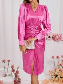 SHEIN Clasi Của phụ nữ Màu thuần Dệt hoa Xếp li Đầm - Màu Hồng Tươi - Xem 3