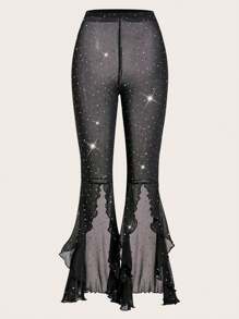 SHEIN ICON 女款水鑽開衩下擺網眼長褲 - 黑色 - 查看 1