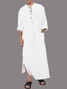 男士長袖連雙口袋長袍,沙特阿拉伯風格長袍 - 白色 - 查看 1