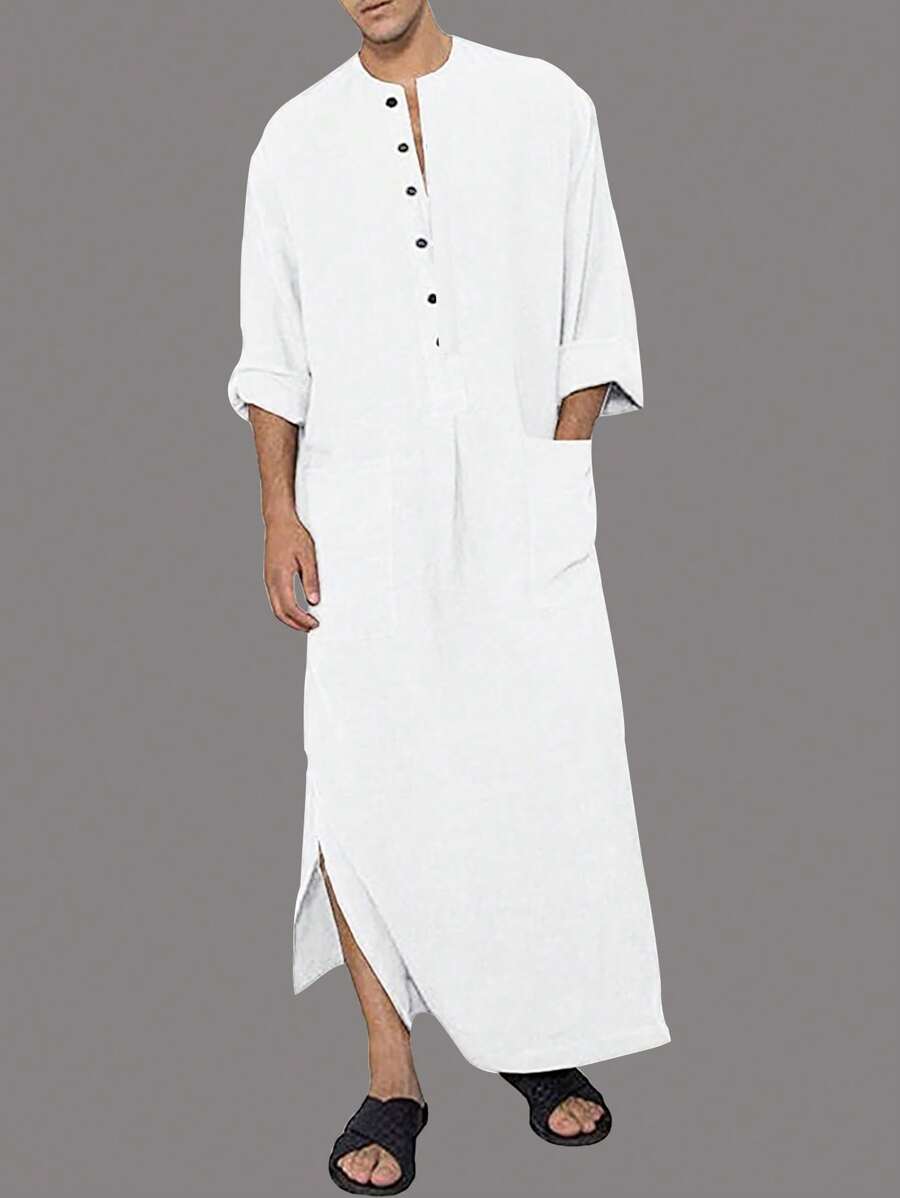 男士長袖連雙口袋長袍,沙特阿拉伯風格長袍 - 白色 - 查看 1