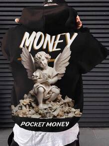 Manfinity EMRG 男士大尺碼天使和字母印花連帽運動衫 - 黑色 - 查看 3