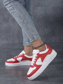 大码女式拼色学生运动鞋、连帽鞋、低帮户外运动鞋 - 紅白色 - 查看 4