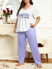 字母印花休閒韓版寬鬆大尺碼女士睡衣套裝 - 紫色 - 查看 4