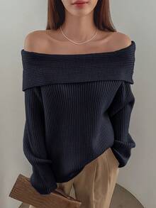 DAZY Off Shoulder Tay áo dài Áo len - Xanh đậm - Xem 2