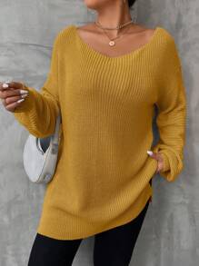 SHEIN LUNE Plus Size Solid Color Drop Shoulder Sweater - Yellow - View 1