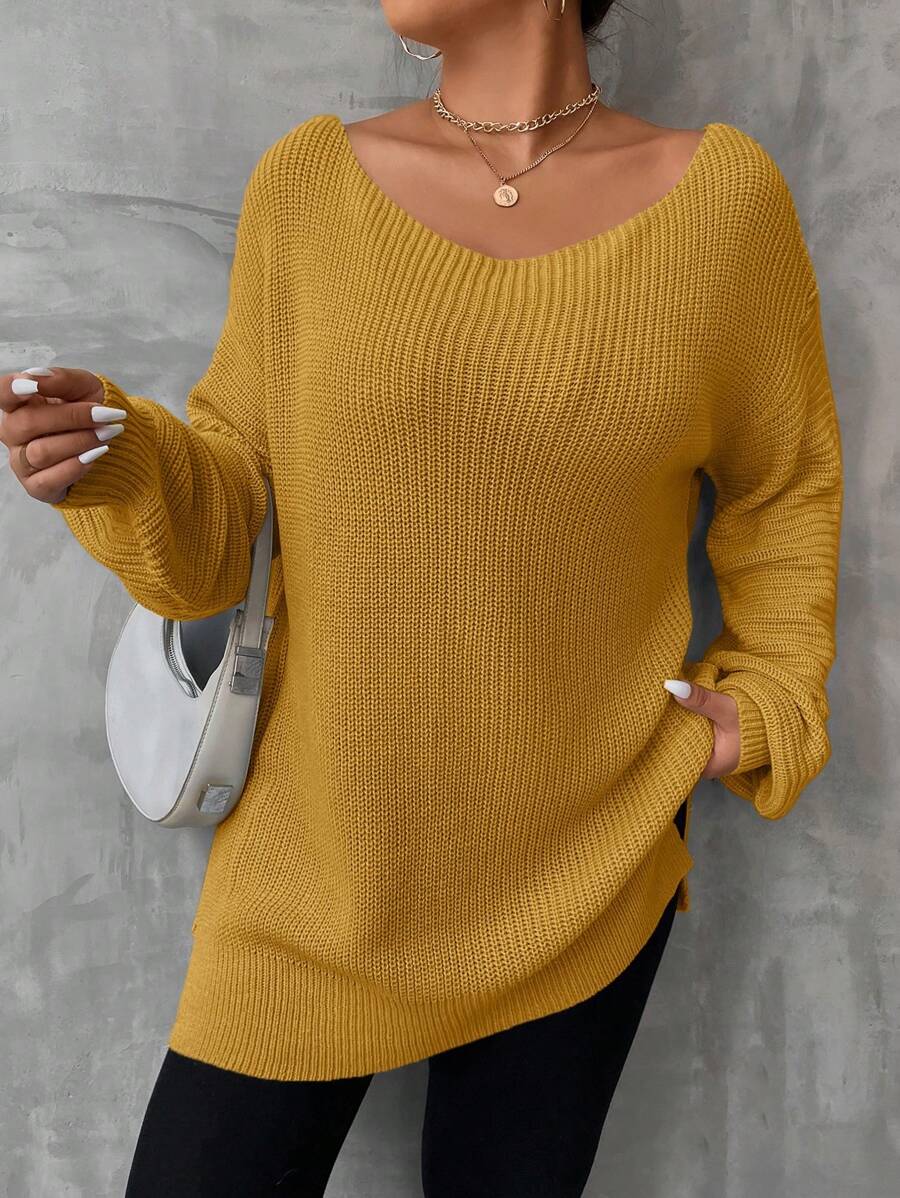 SHEIN LUNE Plus Size Solid Color Drop Shoulder Sweater - Yellow - View 1