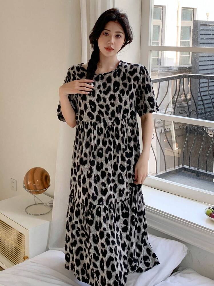 DAZY 豹纹睡袍睡衣，Moo Moo 睡裙 - 灰色 - 查看 6