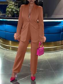 Slaydiva 女士純色翻領單鈕西裝外套+褲子套裝 - 棕色 - 查看 4