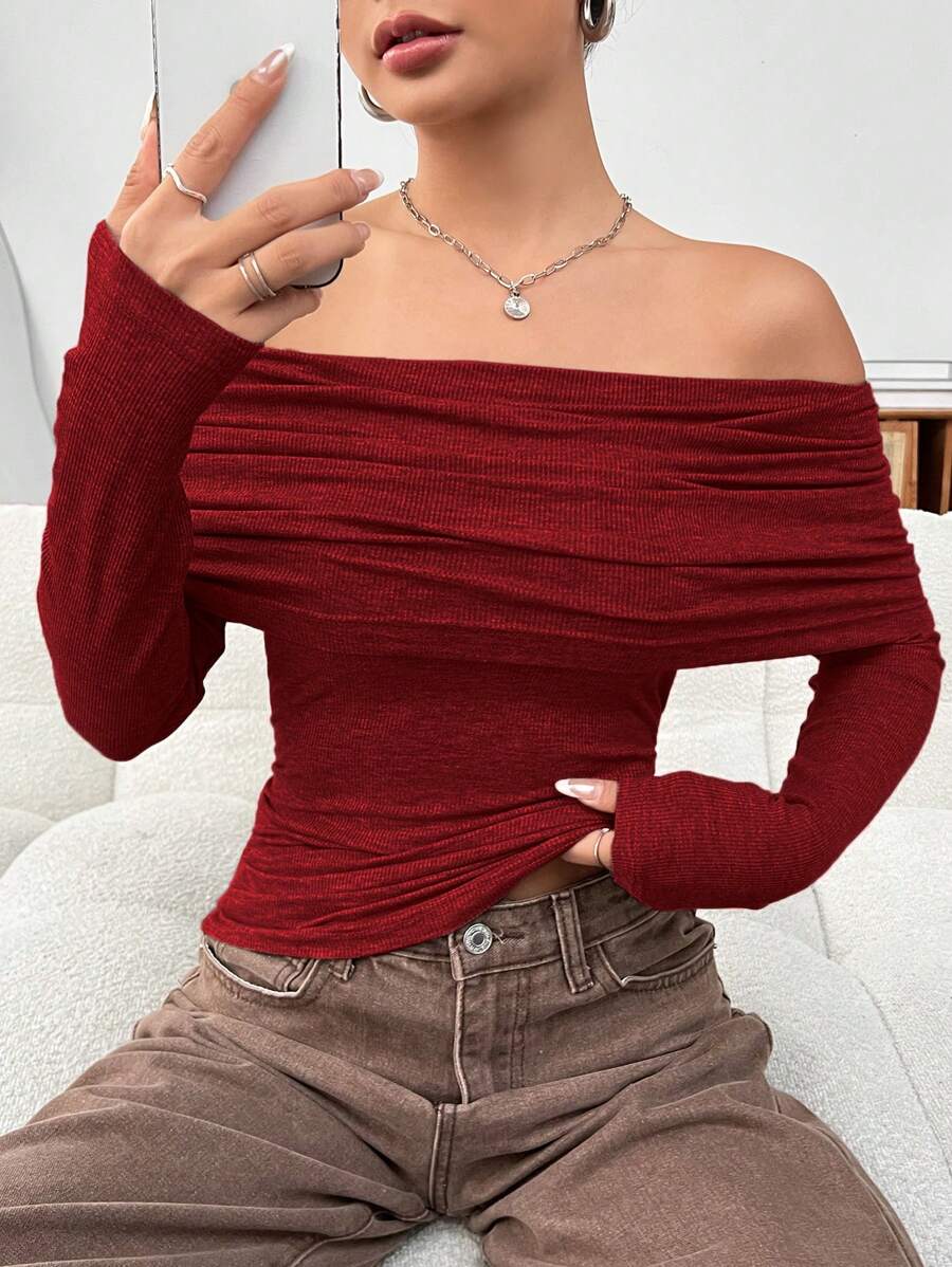 SHEIN EZwear Women's Solid Color Pleated Off Shoulder T-Shirt - Rose Red - View 1