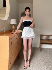 EastFlair New Chinese Style Textured Contrast Mesh Button Decoration Women's Shorts - White - View 6