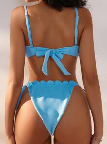 SHEIN Swim Ensemble de bikini à nouer sur le côté avec bordure en coquillage pour femmes - Bleu azur - Voir 2