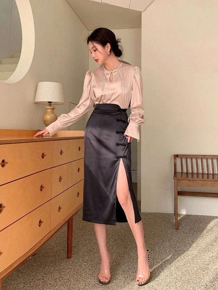 2pcs Set Chinese Style Satin Color Block Mandarin Collar Long Sleeve Women Outfit