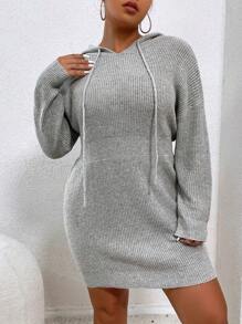 SHEIN LUNE Women'S Plus Size Solid Color Drawstring Hooded Sweater Dress - Light Grey - View 3