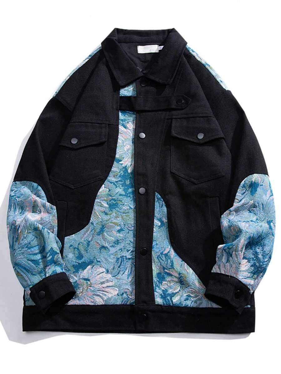 男士提花拼布夾克 - 黑色 - 查看 1