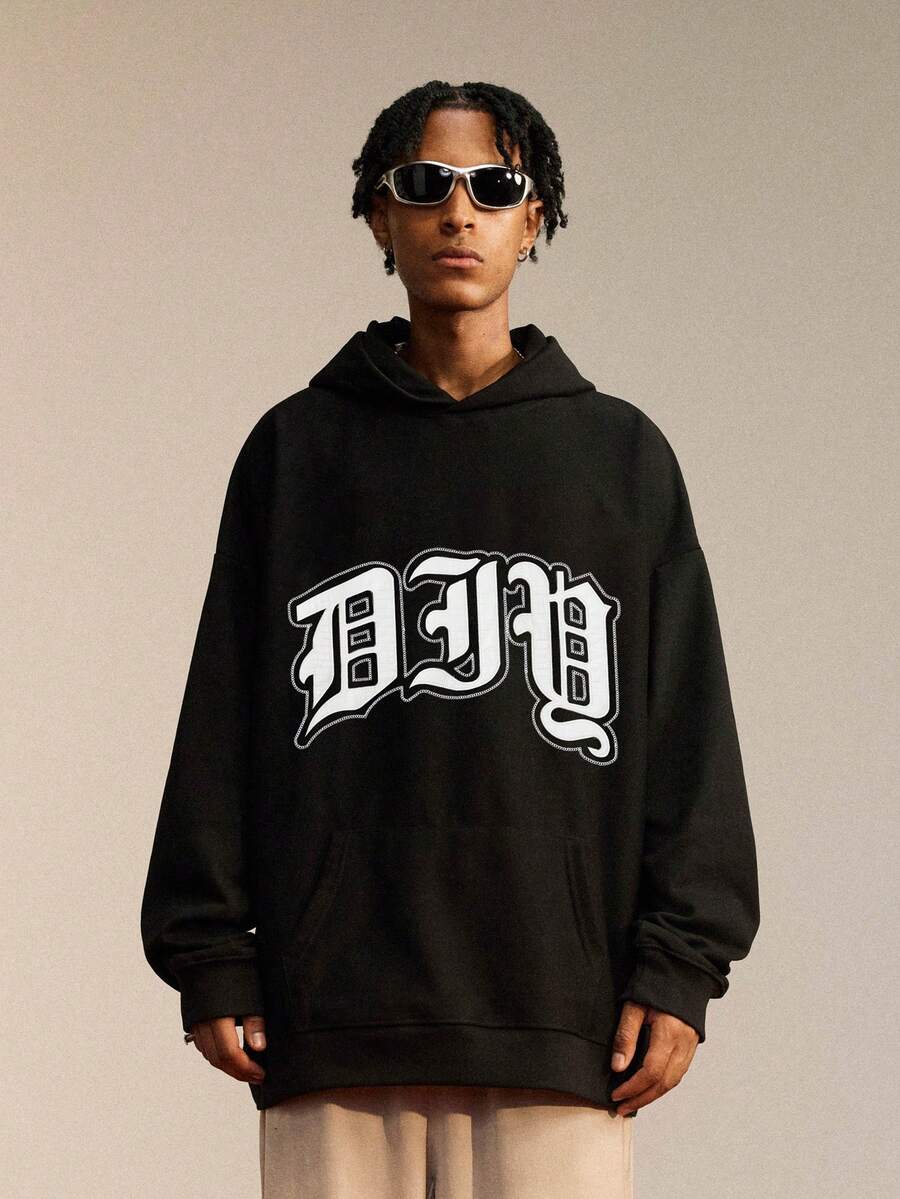 男士字母印花連帽衫 - 黑色 - 查看 1