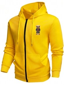Men's Vintage Hooded Jacket With Personalized Printed Bear, Zipper Closure, Drawstring Hem For Casual/Outdoor Sports - Yellow - View 3