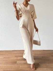 Chiquease 女款 V 領蝙蝠袖折疊連身長褲 - 杏色 - 查看 6