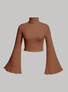 SHEIN MOD 大尺碼女士肋紋t卹,配有鐘形袖 - 棕色 - 查看 1