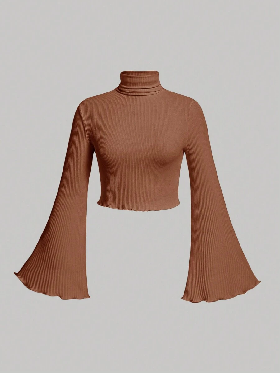 SHEIN MOD 大尺碼女士肋紋t卹,配有鐘形袖 - 棕色 - 查看 1