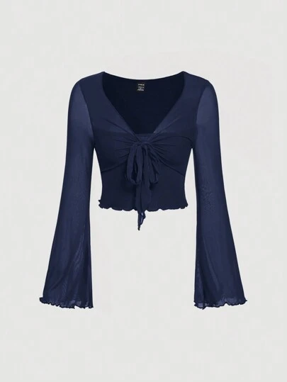 SHEIN MOD Spring Break Rosett 2-i-1 Dam Enfärgad T-shirt med Knit Framtill och Klocka Ärm