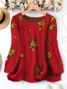 SHEIN LUNE Plus Size Sweater With Flower Pattern Knit Pullover Fall Winter - Multicolor - View 1
