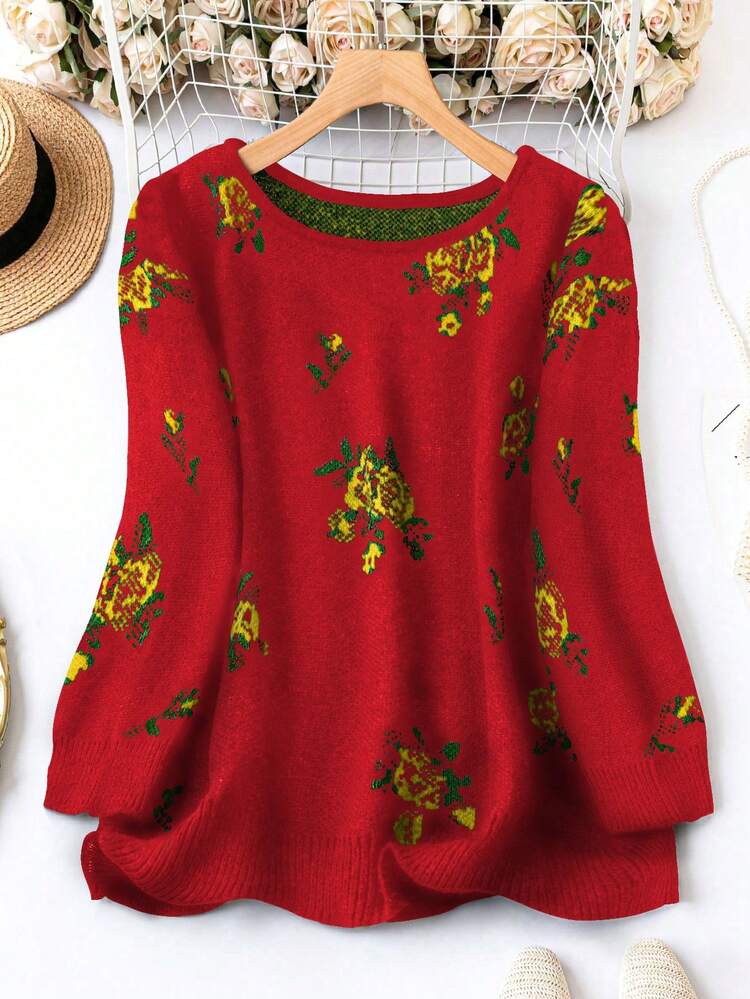 Plus Size Sweater With Flower Pattern Knit Pullover Fall Winter