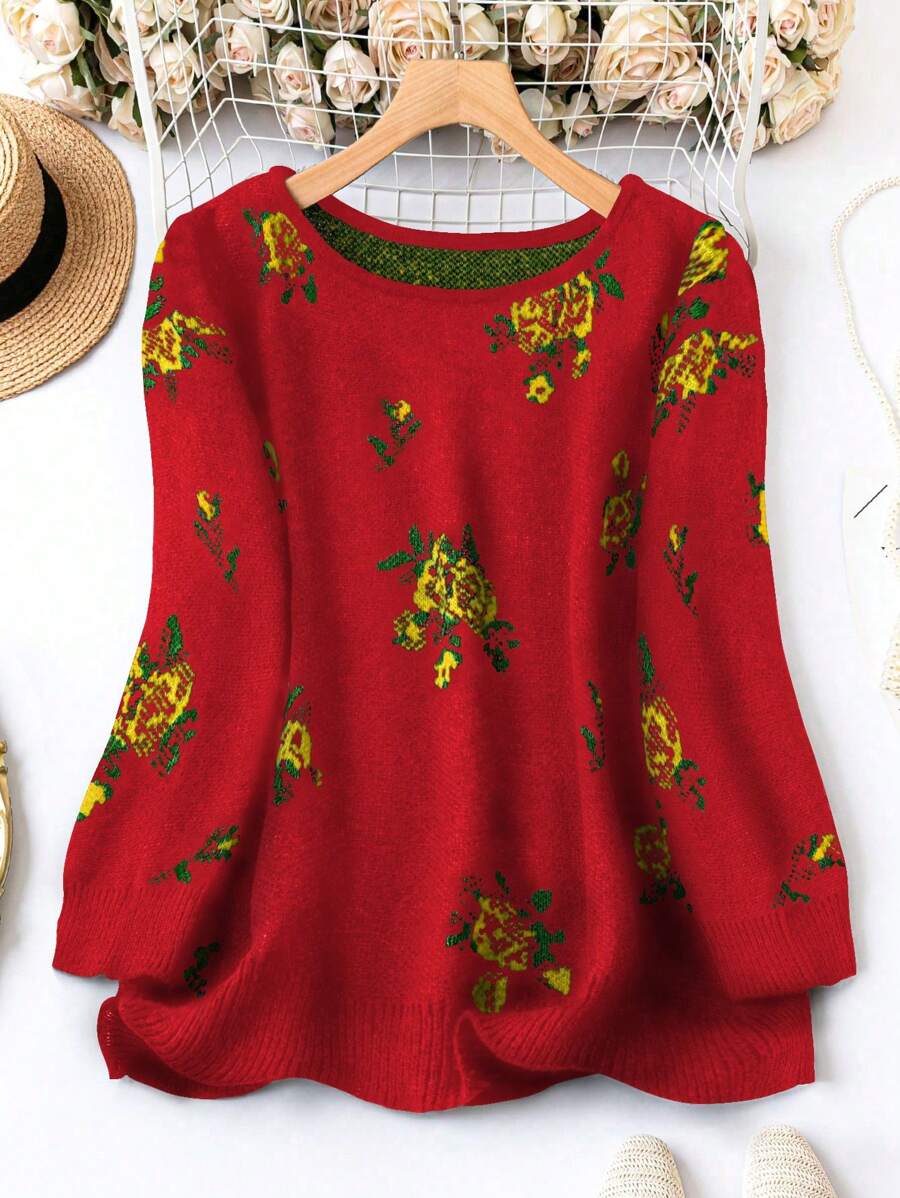 SHEIN LUNE Plus Size Sweater With Flower Pattern Knit Pullover Fall Winter - Multicolor - View 1