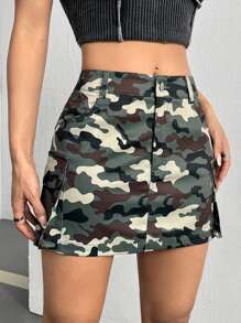 SHEIN EZwear 女式迷彩印花风格超短裙，带口袋 - 彩色 - 查看 4