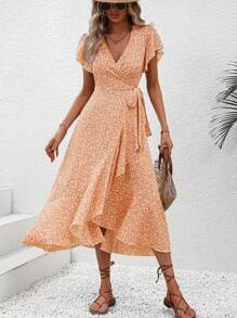 SHEIN VCAY Vestido Cruzado Anudado Con Mangas Con Volantes Y Estampado Floral - Amarillo - Ver 1