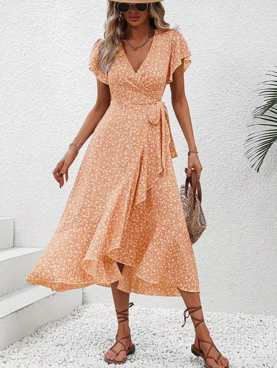 SHEIN VCAY Vestido Cruzado Anudado Con Mangas Con Volantes Y Estampado Floral - Amarillo - Ver 1