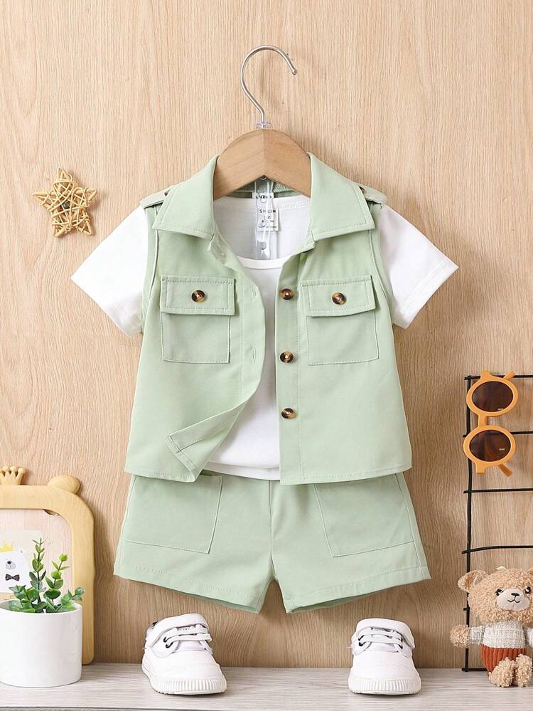 Baby Solid Color Short Sleeve T-Shirt, Tooling Vest And Shorts Set
