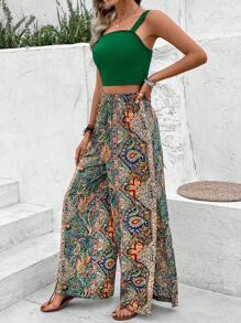 Breezaya Của phụ nữ Màu thuần Cami ngọn Và Phong cách nghỉ dưỡng Rộng chân Quần Bộ - màu xanh lá - Xem 3